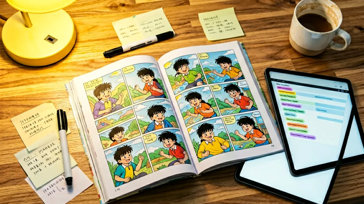 编辑桌面上摊开的漫画原画与标注笔记，旁边放着平板电脑显示分类标签系统，暖色调灯光营造专注工作的氛围
