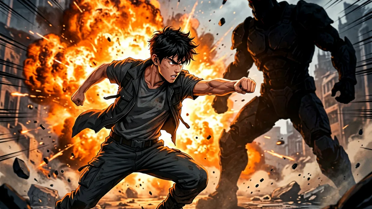 漫画角色挥拳冲向巨大敌人，动态构图展现激烈战斗场面，画面以橙黑为主色调